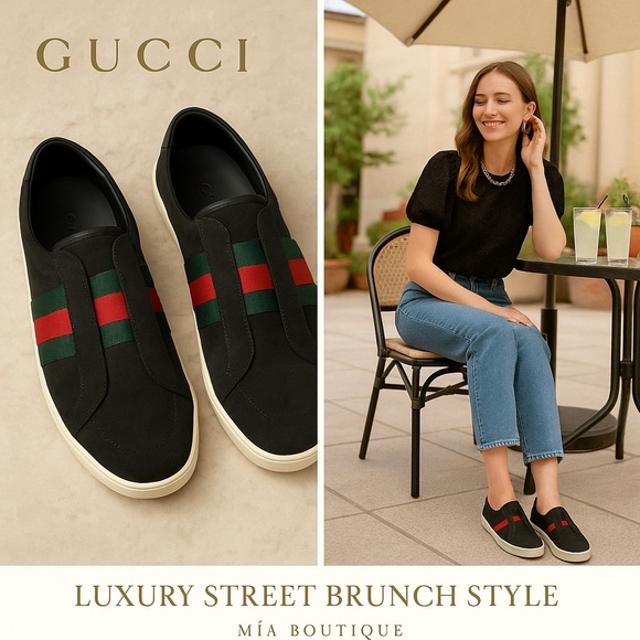 Gucci Black Suede Web Stripe Slip-On Sneakers Size 7.5 - Picture 15 of 15